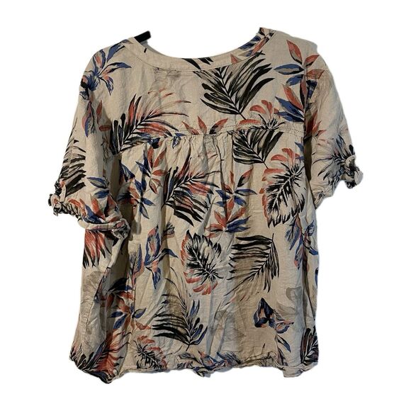 CJ Banks Linen Blend Top Womens 3X Shirt Floral Botanical Short Sleeve Button Up - Picture 2 of 10
